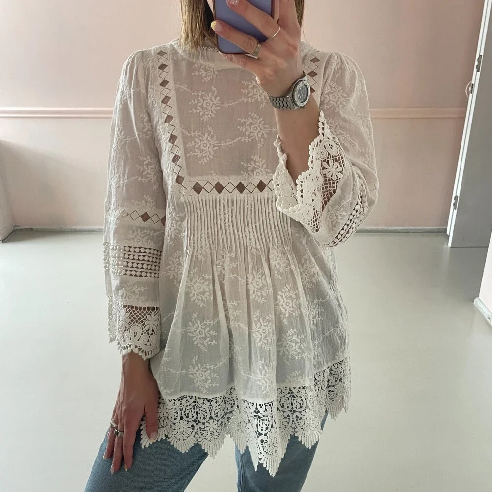Cirana Floral Embroidery Lace Bohemian Blouse White X-Small